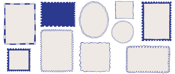 Hand drawn vintage ink frames. Stamp inspired frames for greeting cards, wedding and birthday party, picnic invitations in italian or greek marine sea coastal style. Minimalist vector borders. © PawLoveArt