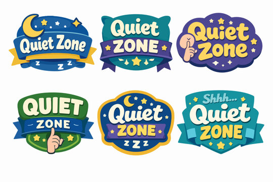 Quiet zone labels set. Six different designs featuring concepts of silence, peacefulness, sleeping, and privacy