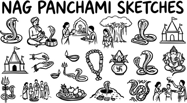 Nag Panchami Sketches: Indian Hindu festival celebrating snakes, Ganesha, temples, offerings, line art