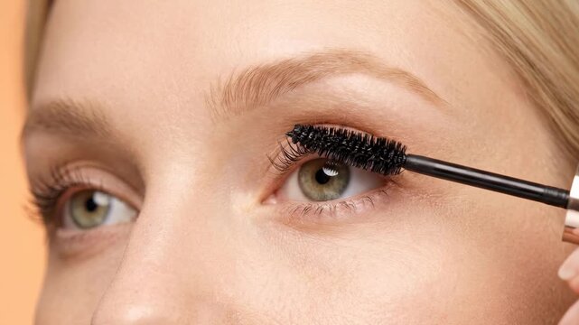 A close-up macro beauty shot shows a cosmetic wand applying black mascara to the long eyelashes of a Caucasian woman with light skin and light green eyes. Perfect for makeup tutorials, beauty reviews,