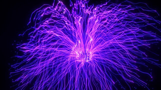 Glowing purple energy burst with sparkling particle trails and futuristic firework effect. Abstract neon background for sci-fi visuals and motion graphics.