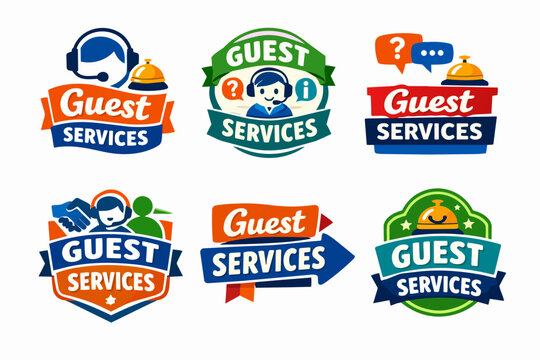 Guest services emblems set with receptionist, help desk, and concierge symbols, ideal for hospitality support branding