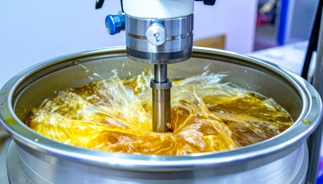 Industrial mixer in action creating vortex in liquid