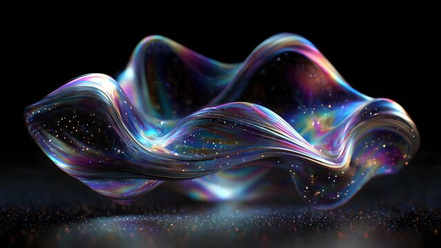 Abstract metallic form resembling a cosmic cloud, iridescent surface, glowing points of light like distant stars inside the metal