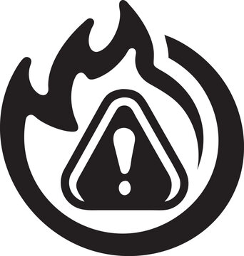Chemical hazardous fire warning flame with shelter warning shield and exclamation mark alert icon