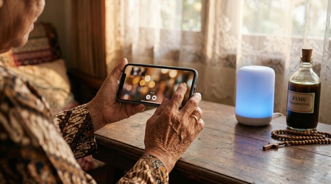 Elderly Indonesian Woman in Batik Having Video Call on Smartphone With Traditional Jamu, Rosary, and Smart Lamp on Wooden Table at Home