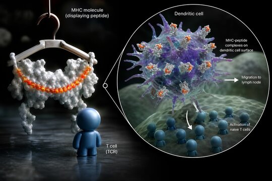 3d illustration of an mhc molecule presenting a peptide antigen to a t cell receptor, representing adaptive immunity, antigen presentation, and t cell activation