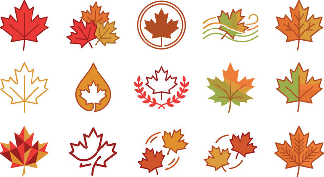 Autumn Maple Leaves Collection and Canadian National Emblem Flag Vector Icon Set