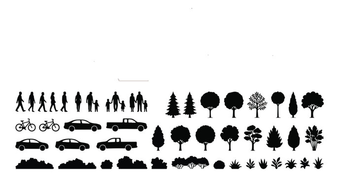 Architectural silhouette collection, black scale figures of people and trees, urban planning vector elements for site plans and landscape design