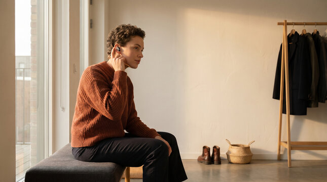 Morning routine with a discreet hearing aid in a modern home