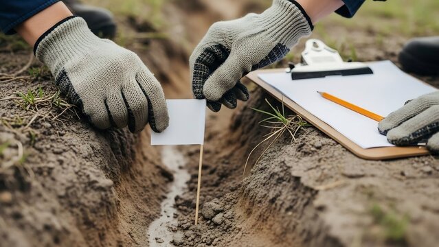 Hands in protective gloves place a marker in a trench, with a clipboard and pencil nearby, during an outdoor survey or archaeological dig.