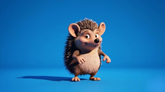 A friendly 3D animated brown hedgehog character with large ears and a gentle smile standing in a side profile view. This charming forest animal mascot is isolated on a soft blue backdrop.