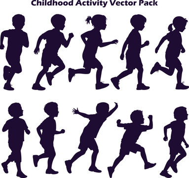 Dynamic vector pack of diverse children silhouettes depicted in running and active motion illustrating energetic playtime activities