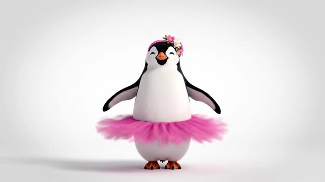 Cute Penguin Wearing Pink Tutu and Floral Crown Dancing on White Background, Adorable 3D Cartoon Character Animation for Fun Creative Content