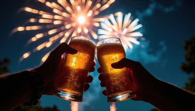 Hands hold beer glasses clinking. Festive fireworks explode in night sky. Friends celebrate event with alcohol drinks, sharing happy moment together outdoors.