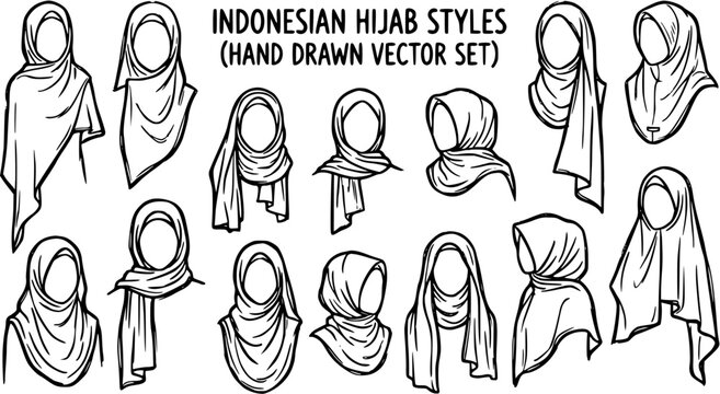 Indonesian Hijab Styles Hand Drawn Vector Set. Outline Illustrations of Diverse Muslim Women's Headscarves for Fashion, Culture, and Islamic Attire Design.