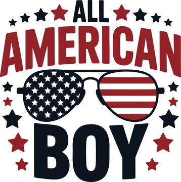 Patriotic All American Boy text design with stars and flag patterned aviator sunglasses for national pride