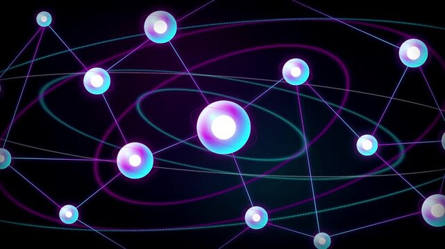 Abstract network of glowing nodes and connecting lines, representing connections and data flow in a futuristic digital realm, with swirling light trails adding a dynamic visual element