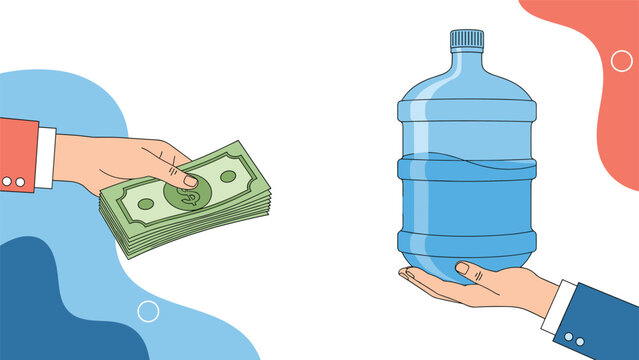 Hand giving a stack of cash to another hand holding a large blue plastic water bottle to represent buying vital resources.