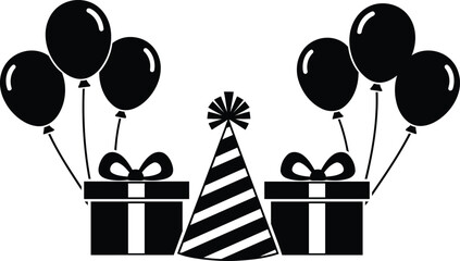 Black and white birthday party decorations with balloons gifts and hat © SONIA