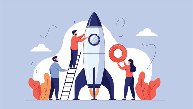 Collaborative team of professionals using ladders to build a large white space rocket representing a startup project launch and safety.