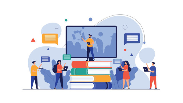 Group of diverse people using tablets and laptops while learning from a central screen display standing on a large stack of colorful books.