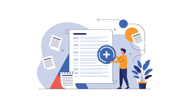 Person adds a blue plus symbol to a large document or digital checklist to illustrate task management and data entry processes.
