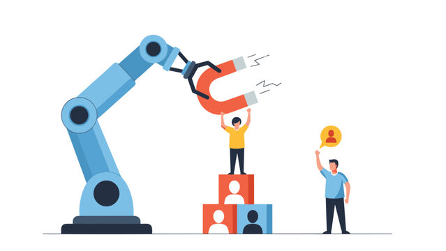 Powerful robot arm uses a magnet to select specific human icons from a group to represent automated recruitment and talent hiring.
