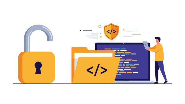 Secure software development concept with yellow padlock and computer folder showing code symbols on laptop screen with developer.