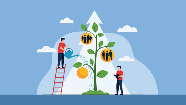 Professional workers watering a growing tree with human figure fruits symbolizing talent development and human resource management.