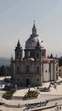 Vertical orbital drone shot of the Sanctuary of Our Lady of Sameiro in Portugal.