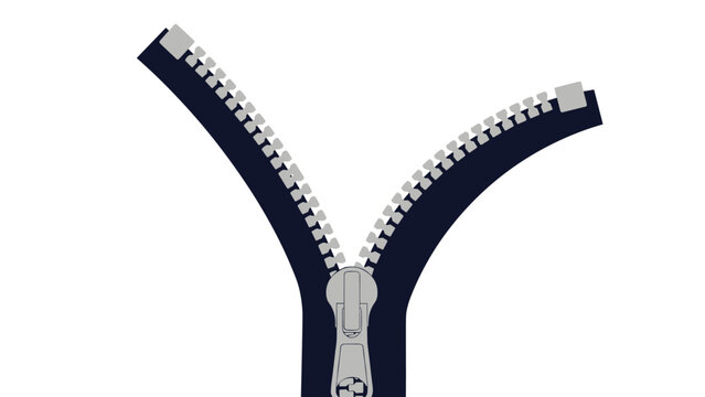 Close up illustration of a silver metal zipper being pulled open against a dark blue fabric or leather background.