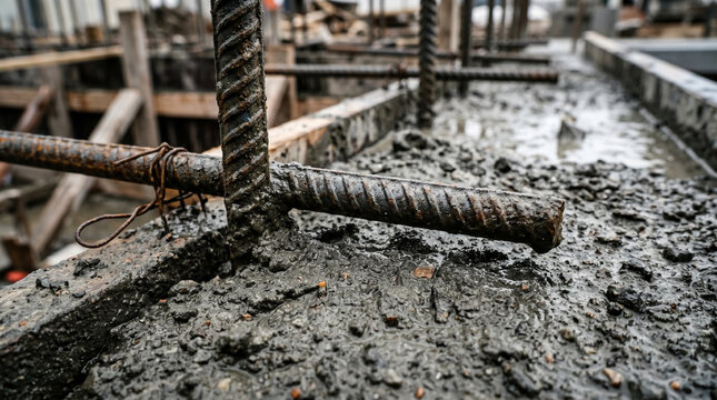 Exposed reinforcement steel rebar in wet unfinished concrete construction site