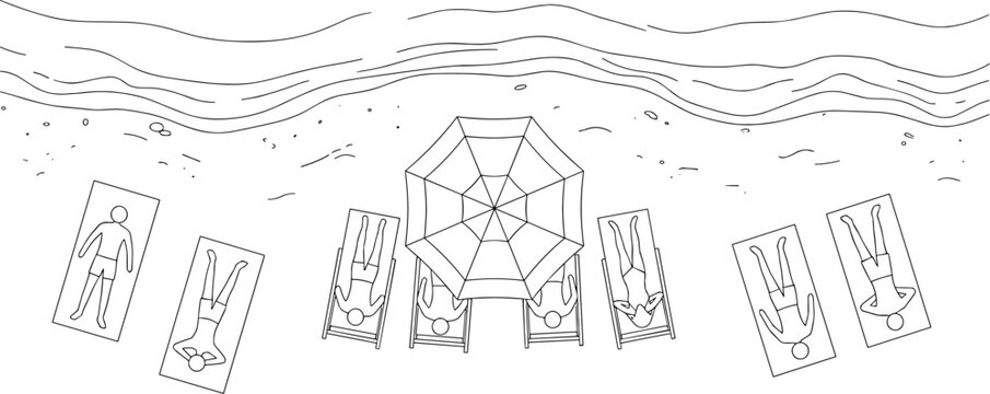 Minimalist beach line art vector, top view of people sunbathing on towels and lounge chairs, summer vacation shore scene with ocean waves and umbrella