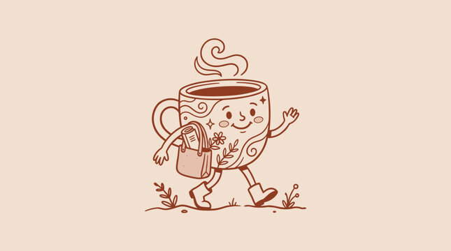 Vintage groovy coffee cup character mascot, minimalist line art on beige background, slow living lifestyle concept