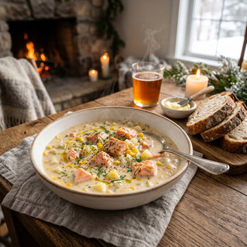 Salmon chowder creamy soup with dill and artisan bread in white ceramic bowl, cozy winter comfort food editorial photography warm golden light