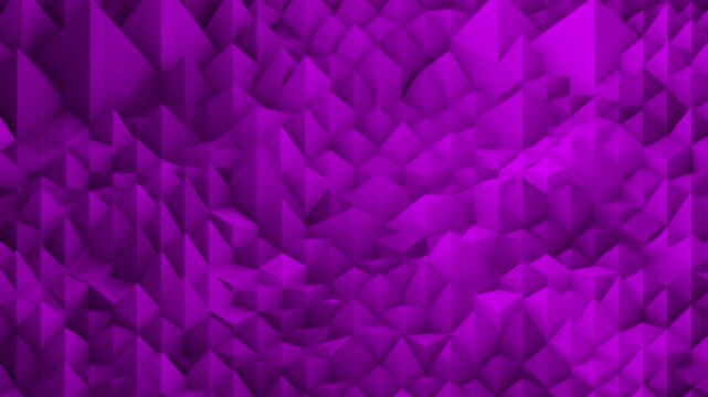 A loopable 3D motion graphic animation of a sharp low poly field with thousands of moving magenta and dark pink triangular pyramids. This abstract geometric pattern creates a dynamic, neon-toned cryst