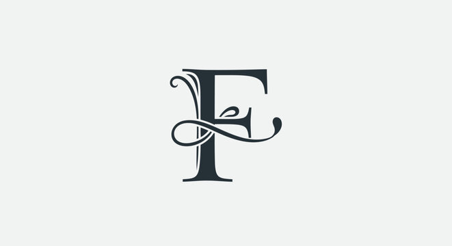 Elegant letter f monogram with swirls and flourishes on white background