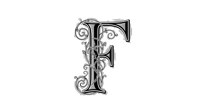 Elegant ornamental letter f detailed decorative design on white background