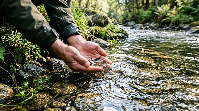 Human Hands Releasing Baby Fish Fry into Clean River, Wildlife Conservation and Environmental Ecology Concept