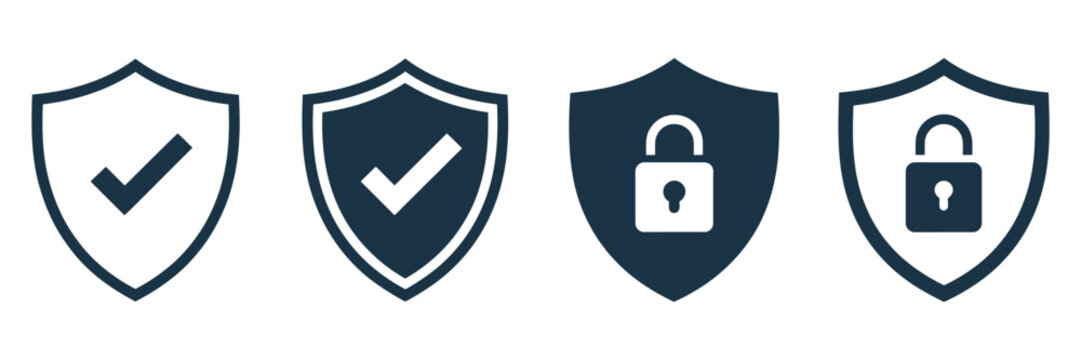 Security shield icon set, protective shield symbols with padlock and check mark, vector illustration for cybersecurity protection, data safety branding, and digital security interface design.