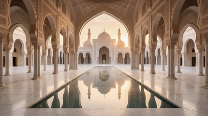 Obraz premium Grand Mosque Interior with Reflective Marble Floor and Ornate Arches in Soft Light