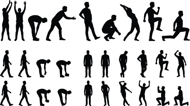   
Human silhouette collection showing various standing, bending, and dynamic poses for anatomy reference, motion study, and vector illustration