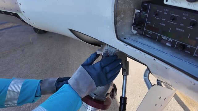 Closeup view of the hands of a fuel truck operator connecting the fuel hose to refuel a jet airplane on the apron.