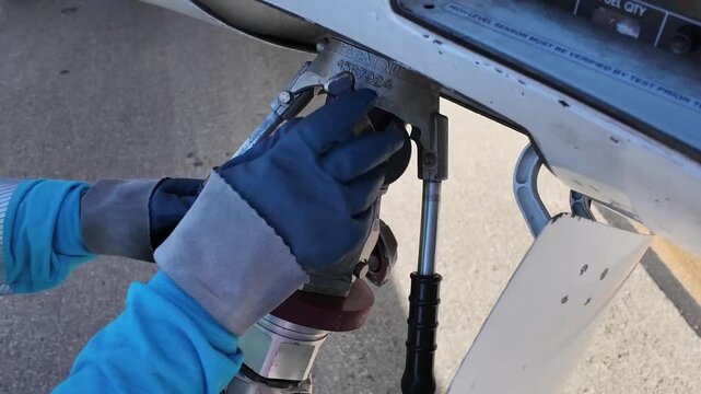 closeup view of the hands of a fuel truck operator wearing protective gloves connecting the fuel hose to an airplane on the ramp.