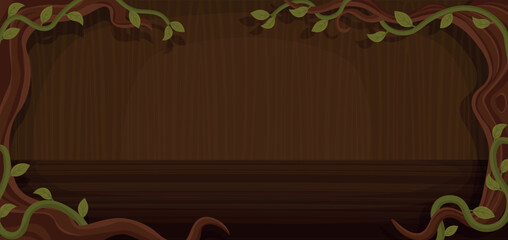 Fototapeta premium Wooden frame with green vine and empty room inside tree texture. Rustic fantasy wooden interior vector illustration with copy space for text and design.