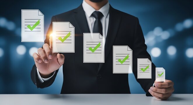 Businessman in suit interacting with floating document green checkmarks, blue background, documents
