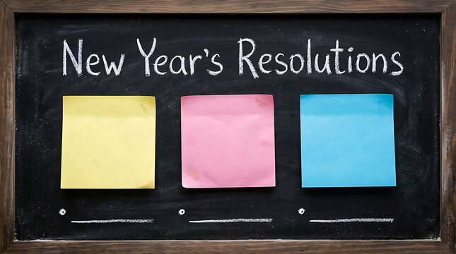 Black chalkboard displaying 'New Year's Resolutions' with colorful blank sticky notes for planning goals and future aspirations