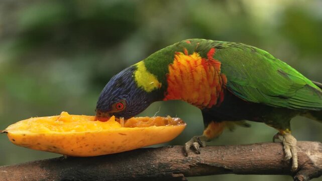 Extreme macro closeup of colorful rainbow lorikeet pecking and eating fresh mango half on wooden branch at Edward Youde Aviary Hong Kong