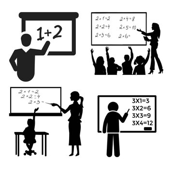 Black vector silhouettes depicting classic classroom scenes. 